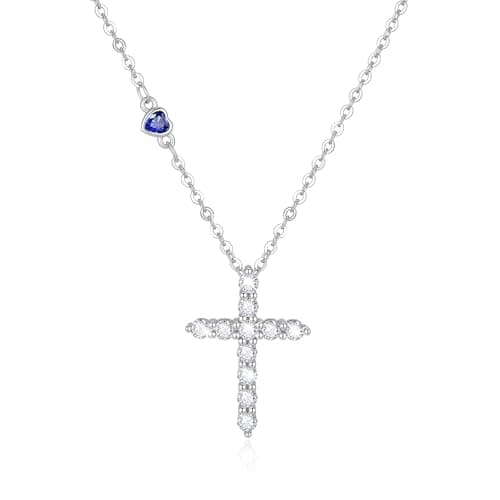 Juvux Birthstone Cross Necklace for Women, 925 Sterling Silver Cross Pendant Necklace with September Birthstone CZ Heart Charm, Dainty Christian Faith Birthday Gift Jewelry for Women - Image 1