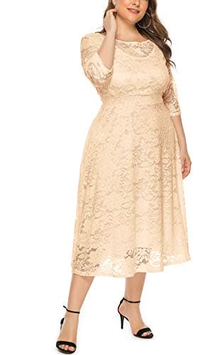Eternatastic Womens Scooped Neckline Floral lace Top Plus Size Cocktail Party Midi Dress 5XL Beige - Thumbnail 2