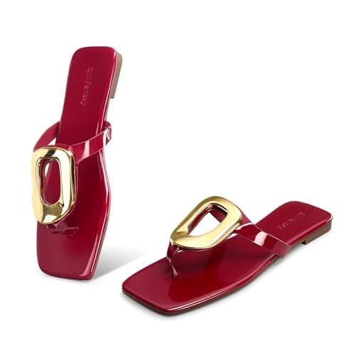 StillFancxy Gold Buckle Flat Sandals for Women Square Toe Dressy Flip Flops Trendy Thong Sandals Slide Sandals - Image 1