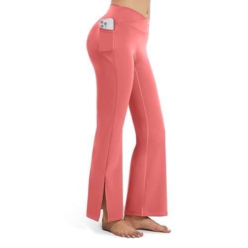 AMLEER Women's V Waist Side Split Wide Leg Yoga Leggings - High Waisted Crossover Stretchy Workout Flare Yoga Pants（Watermelon, X-Large Peach Red - Image 1