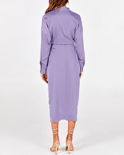 BTFBM Summer Dresses for Women 2026 Long Sleeve V Neck Button Down Elegant Belted Ruched Satin Silk Shirt Fall Dress(Purple, Medium) - Thumbnail 6