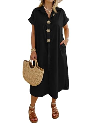 Wenrine Womens Summer Shirt Dress Casual Short Sleeve Button Maxi Dresses Beach Cover Up with Pockets Black - Image 1