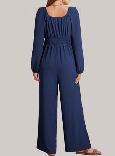 Dokotoo Sleeveless Jumpsuits for Women 2026 One Piece Spring Square Neck Flowy Rompers Smocked Waisted Sexy Business Casual Wide Leg Cruise Outfits Plus Size with Pockets,Navy Blue Small - Thumbnail 3