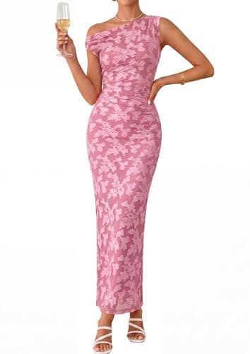 PRETTYGARDEN Womens Floral One Shoulder Maxi Dress 2026 Summer Spring Wedding Guest Formal Bodycon Ruched Cocktail Dresses (Pink,XX-Large) - Image 1
