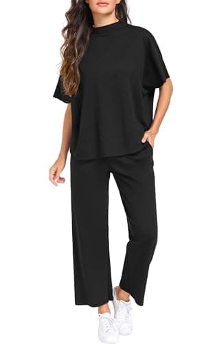 PrinStory Womens Lounge Set Summer 2 Piece Outfits Pullover Top and Wide Leg Pants Matching Sets 2026 Black-L - Thumbnail 4