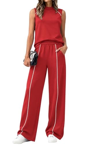 BTFBM Two Piece Sets for Women Summer Outfits 2026 Lounge Sets Mock Neck Tops Wide Leg Pants Travel Fashion Clothing(Red, Large) - Image 1