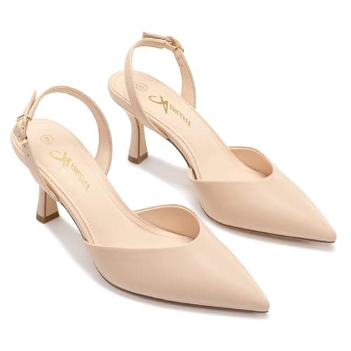 Athlefit Closed Pointed Toe Kitten Heels for Women Dress Work Wedding Party Slingback Pumps Shoes Nude, Size 9, SAPU2606W - Thumbnail 6