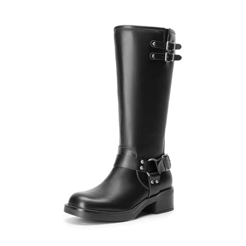 DREAM PAIRS Women's Knee High Boots Side Zipper Motorcycle Boots Square Toe Chunky Low Heel Fashion Buckles Biker Riding Boots,Size 10,Black-Pu,SDKB2412W - Image 1