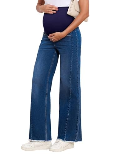 BLENCOT Maternity Jeans for Women Over Belly Straight Leg Adjustable Waisted Baggy Stretchy Denim Pants Casual Work Cotton Ripped Hem Trendy Pregnancy Boyfriend Jean Small Bluing