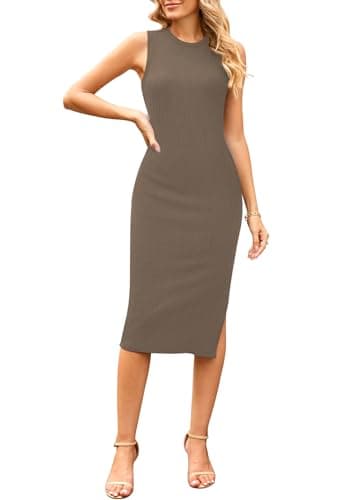 Pink Queen Women's Crew Neck Bodycon Slit Dress Sleeveless Knit Summer Beach Vacation Midi Dresses Gray XL - Image 1