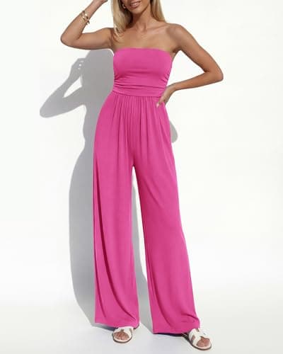 BTFBM Jumpsuits For Women Summer 2026 Beach Vacation Strapless Tube Top Jumpsuit Ruched Casual Wide Leg Pant Rompers(Rose Red, XX-Large) - Thumbnail 5