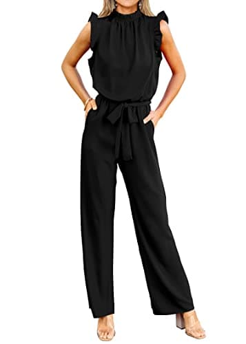 KIRUNDO Jumpsuits For Women Dressy Summer One Piece Sleeveless Ruffle Mock Neck Belt Pockets Formal Wide Leg Pants Romper(Black, XX-Large) - Image 1