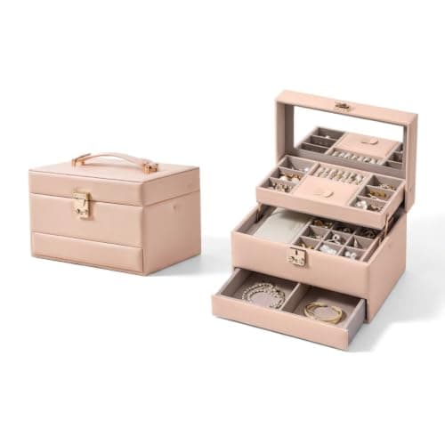 CASEGRACE Jewelry Organizer Box, 3 Layers Leather Jewelry Storage Case with Portable Jewelry Case, Removable Jewelry Tray, Home and Travels Storage, Gift for Women (pink)