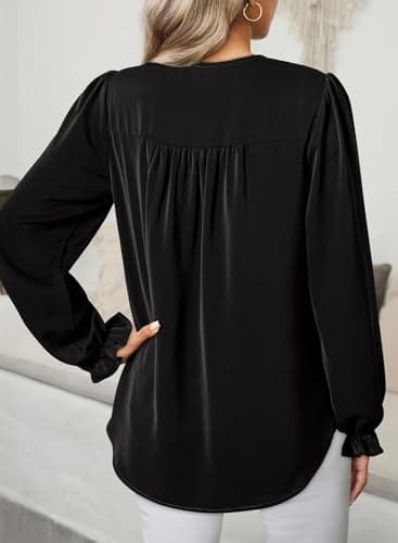 Dokotoo Womens Blouse Casual Basic Pleated Tops Long Puff Sleeve Fall Blouses Sexy V-Neck Loose Fit Black Shirt for Women 2026 Fashion Business Outifits Medium - Thumbnail 2