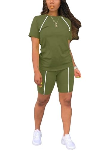 STOLKISS Women's 2 Piece Casual Fashion Sports Solid Color Suit short Sleeve top and Pants Set Seatshirts Green S - Image 1