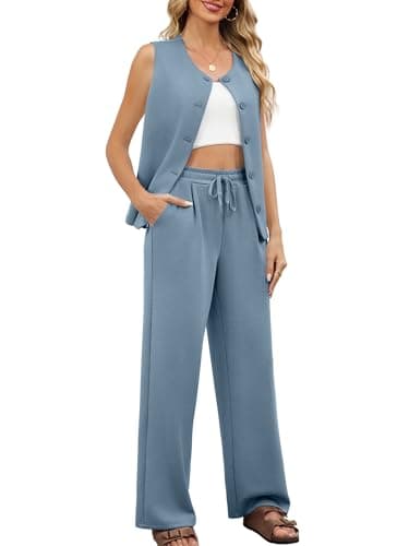 Casly Lamiit Womens Sets 2 Piece Outfits Summer Casual Lounge Travel Airport Clothes Matching Set Crew Neck Vest Waistcoat Wide Leg Pants Blue Grey M - Thumbnail 3