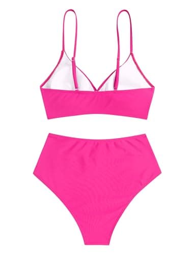 ZAFUL Women High Waisted Bikini Sets Pink Two Piece Swimsuit 2 Piece Push Up Twist Front Ruched Bathing Suit Hot Pink S - Thumbnail 5