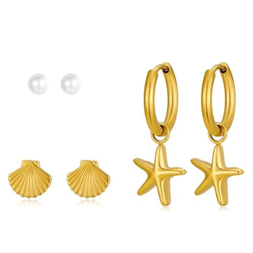 CUFELMU 3 Pairs Beach Earrings Set for Women – Stainless Steel Gold Starfish Hoops, Seashell & Pearl Studs – Hypoallergenic Summer Jewelry for Multiple Piercings - Image 1