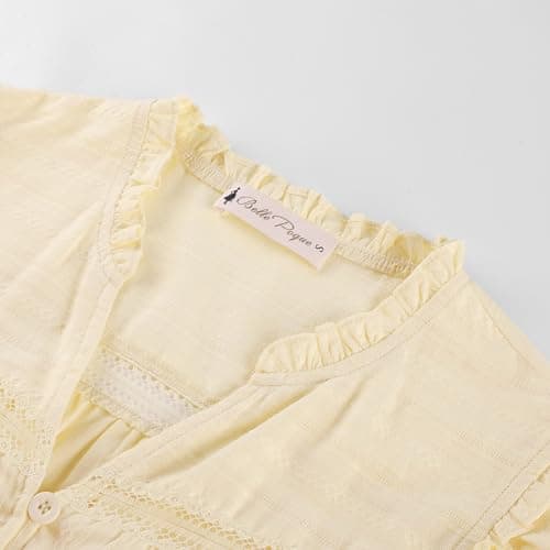 Belle Poque Women's Ruffle Short Sleeve Cotton Shirts V Neck Button Down Lace Crochet Blouses Spring Summer Dressy Casual Tops 2026 Apricot L - Thumbnail 6