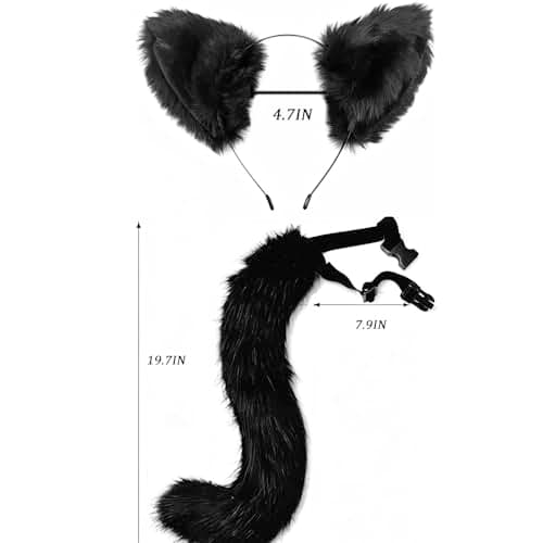 Cat Ears and Tail Black Cat Headband Long Tail Bell Collar for Adults Women - Thumbnail 4