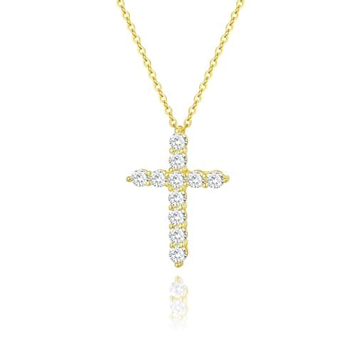 Juvux Cross Necklaces for Women 925 Sterling Silver 18K Gold Plated Cubic Zirconia Cross Necklace Simple Jesus Cross Necklace Cute Simulated Diamond Jewelry Religious Minimalist Easter Gift (Gold) - Image 1