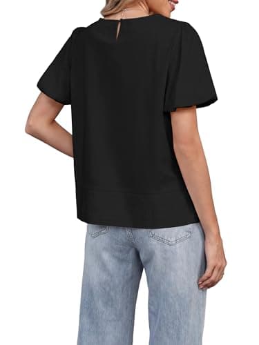 Funlingo Womens Blouses Summer Short Puff Sleeve Babydoll Tops for Women Casual Crew Neck Flowy Pleated Shirts Cute Clothes Black L - Thumbnail 3