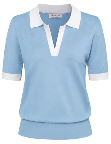 Kate Kasin Women Summer Color Block V Neck Knitted Polo Sweaters Tops Short Sleeve Shirt Casual Pullover Sweater Light Blue S - Image 1