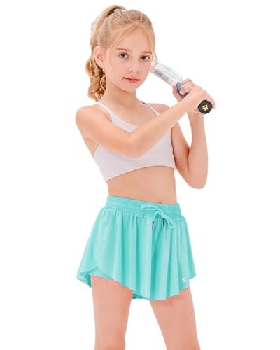 Stelle Girls Flowy Shorts with Pockets Athletic Running Skirt High Waist Butterfly 2 in 1 Sports Short 5-16 Years(Aqua Blue, L) - Image 1