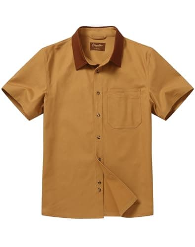 CHRONOLINE Men's Short Sleeve Button Up Shirt with Pocket Cotton Contrast Collar Spring Summer Outdoor Work Shirt for Men, Camel Brown, M - Image 1