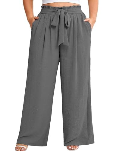 AusLook Plus Size Wide Leg Pants for Women High Waist Elastic Drawstring Palazzo Casual Lounge Dark Grey 2X Pants with Pockets Flowy Travel Work Office Comfortable Summer Casual Trousers - Image 1