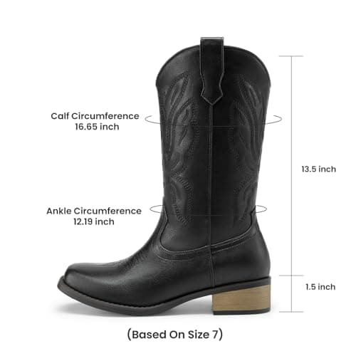 Athlefit Black Cowboy Cowgirl Boots for Women Mid Calf Square Toe Comfortable Chunky Low Heel Mid Calf Boots for Theme Party Country Concert Size 10,SAMB2605W - Thumbnail 6