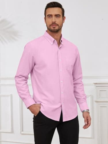 GIANZEN Pink Dress Shirt for Men Button Up Light Mens Shirts Long Sleeve Men's Down Oxford Collared Casual Big and Tall Pink Size L - Thumbnail 2