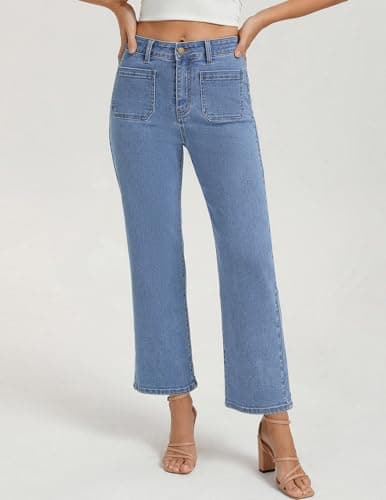 Belle Poque Women Straight Leg Jeans Light Blue Mid Rise Stretchy Wide Leg Denim Pants with Pockets Front (Light Blue, 6) - Thumbnail 2