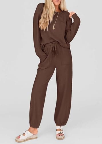 KIRUNDO Lounge Sets for Women 2026 Spring Airport Travel Outfits Ribbed Knit Tops Jogger Pants Tracksuit Postpartum Comfy Set(Coffee, Medium) - Thumbnail 3