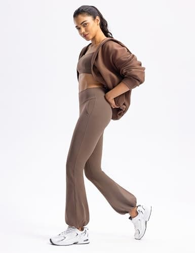 POSHDIVAH Women's Creamluxe Flare Cuffed Leggings Regular High Waisted Yoga Joggers Pants Lounge Casual Workout Sweatpants with Pockets Mocha Mousse Medium - Thumbnail 6