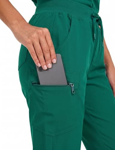 VECARDI Women's Scrub Jogger Pants High Waisted Stretch Nurse Work Bottoms 5 Pockets Elastic Waist Slim Fit Hunter Green - Thumbnail 5