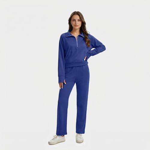 Anyshe Women's 2 Piece Sweatsuit Set Lounge Set Half Zip Sweatshirt with Kangaroo Pocket Thumb Holes Wide Leg Drawstring Pants Casual Tracksuit for Travel Daily Wear, Navy, Medium - Thumbnail 2