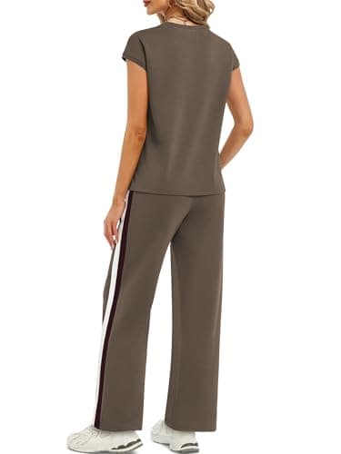 Casly Lamiit Women's 2 Piece Outfits Travel Set Track Suits Casual Shorts Workout Set Short Sleeve Crew Neck Jumpsuits Coffee M - Thumbnail 3