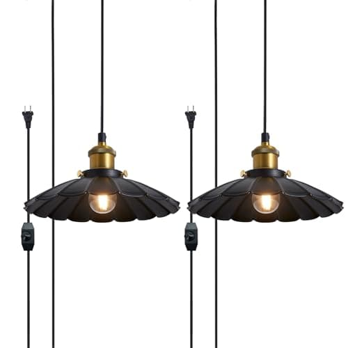 Oyisen Plug in Hanging Light, Vintage Black 9.8 Inch Lampshade 14Ft Plug in Pendant Light for Dining Room and Living Room, Kitchen Island Retro On/Off Switch Hanging Lamp Fixtures 2Pack - Image 1