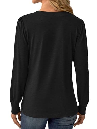 GKBK Women's Puff Long Sleeve Tunic V Neck Button Blouses Fall Tops Trendy Dressy Casual Business Henley Shirts Black XXL - Thumbnail 2