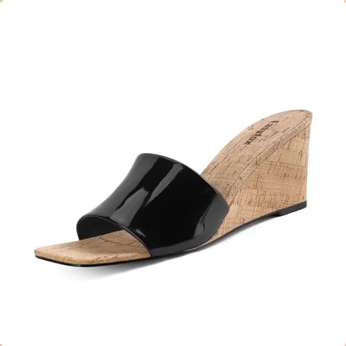 Easyfox Womens Heeled Sandals Black Wedge Sandals for Women Slip on Sandals for Women Wedge Heels Sandals Open Toe Slip on Mules Summer Dress Sandals Size 8 - Image 1