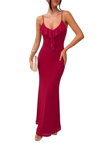 Prinbara Womens Mesh Bodycon Formal Maxi Dresses Summer Spaghetti Strap Ruffle Cocktail Wedding Guest Party Prom Long Dress Burgundy Small