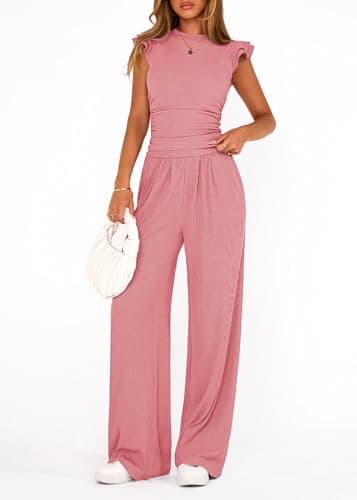 KIRUNDO Two Piece Sets For Women Dressy 2026 Summer Cap Sleeve Cute Tops Wide Leg Pants Spring Matching Set Vacation Outfits(Pink, X-Large) - Thumbnail 6