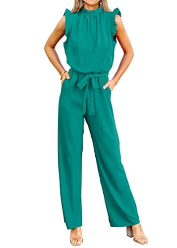 KIRUNDO Jumpsuits For Women Dressy Summer One Piece Sleeveless Ruffle Mock Neck Belt Pockets Formal Wide Leg Pants Romper(Lake Blue, XX-Large) - Image 1
