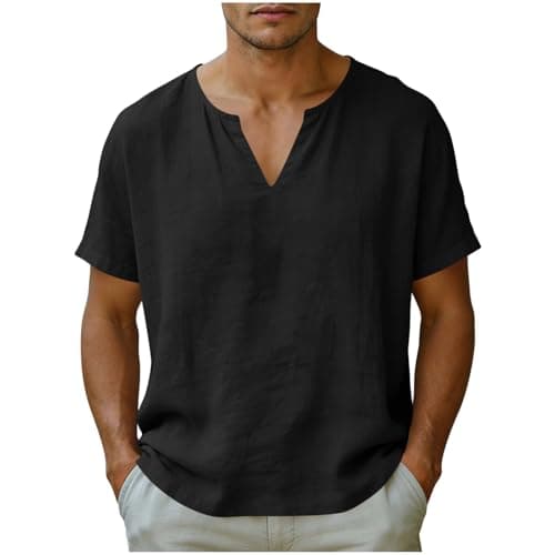 Linen T-Shirts for Men V Neck Short Sleeve Cotton Linen Shirt Loose Fit Beach Clothes Vacation Outfits 2026 Resort Wear Lightweight Tropical Shirts Casual Stylish Summer Clothes Holiday Outfits - Image 1