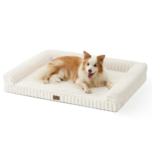 COZY KISS Ultra Soft Faux Rabbit Fur Dog Bed for Large Dogs – 44"x32" Orthopedic Foam Couch, Removable Washable Cover & Waterproof Lining, Cream
