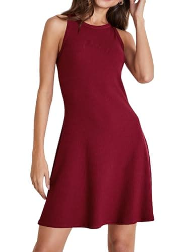 Wenrine Womens Summer Casual Tank Dress Ribbed Knit Sleeveless Crewneck A Line Mini Dresses Burgundy - Image 1