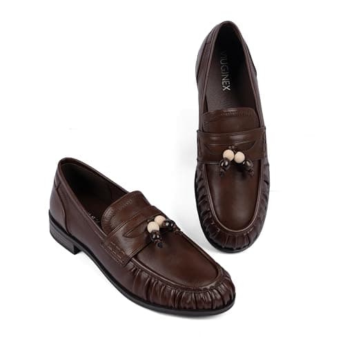 VIUGJNEX Flats Shoes Women Dressy Comfortable Dark Brown Penny Loafers for Women Ruched Toe Womens Moccasins Beaded Slip on Leather Loafers Womens Office Cusal Walking Shoes Size 6.5 - Thumbnail 6