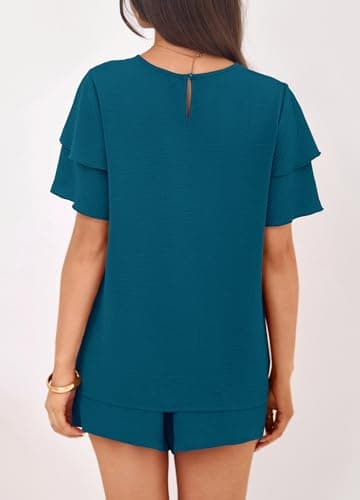 KIRUNDO 2 Piece Sets For Women Summer Ruffle Short Sleeve Top Elastic Waist Pants Matching Lounge Set Vacation Travel Outfits(Dark Blue, Small) - Thumbnail 2