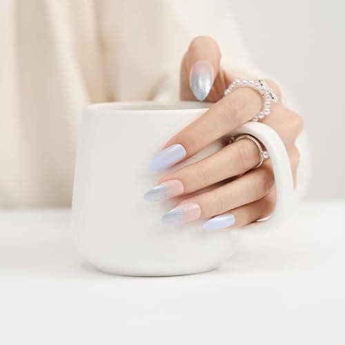 Press On Nails Almond Ombre Blue - Soft Gel Fake Nails With a Shimmery Finish, For Women And Teens, Perfect For Daily Wear, Playdates, And Relaxed Outings, 12 Sizes 24 Nail Kit With Glue - Image 1